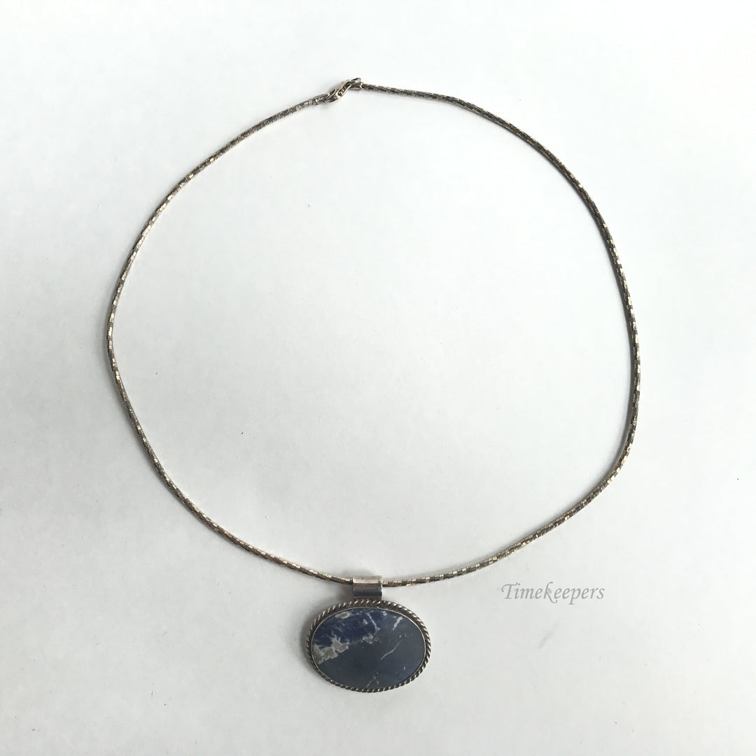 e343 Vintage Sterling Silver Oval Blue Stone Chain Necklace