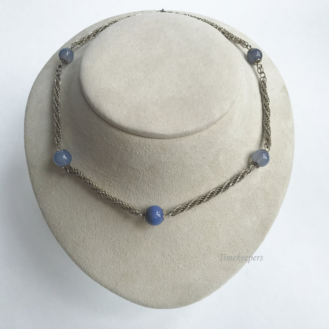 e344 Vintage Sterling Silver Round Blue Stone Chain Necklace