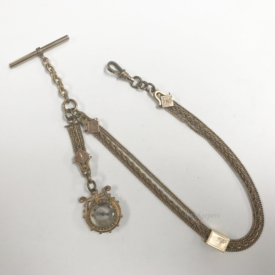 e533 Antique Gold Filled Vest Pocket Watch Slider Triple Chain & Compass Pendant