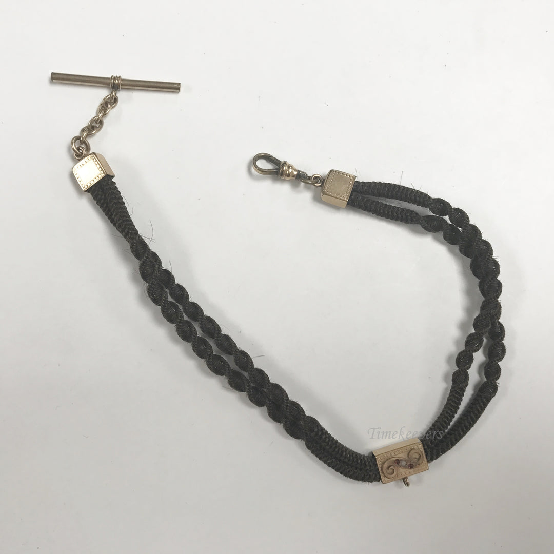 e543 Victorian Era Woven Hair Vest Pocket Watch Chain Gold Filled Slide Findings
