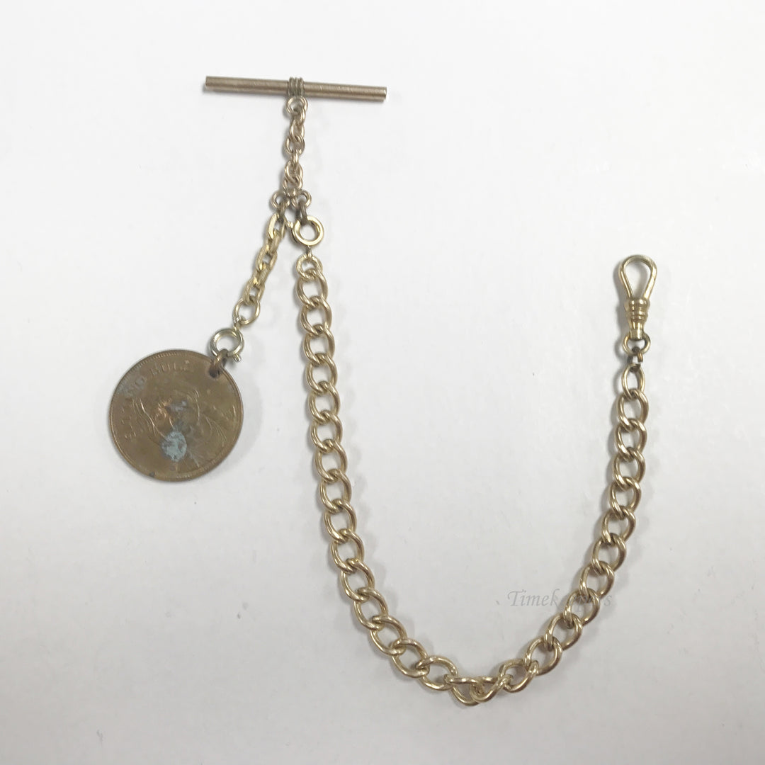 e722 Vintage Gold Filled Vest Pocket Watch Chain with Coin Medallion Pendant