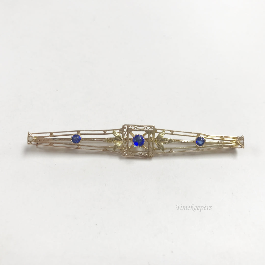 e798 Vintage Original 10K Yellow Gold Blue Stone Filigree Pin Brooch