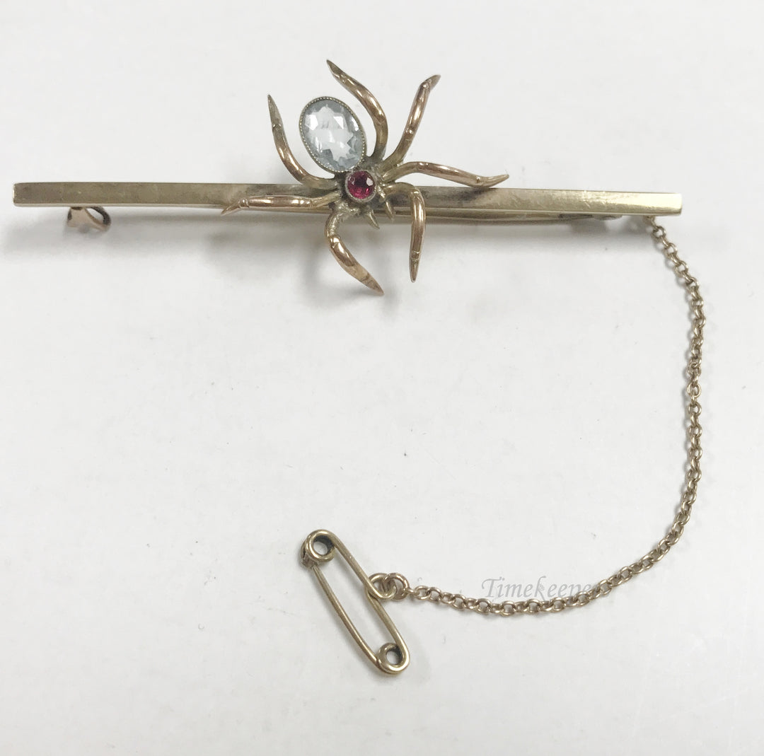 e809 Vintage Unique 9K Yellow Gold Spider Red Blue Stone Pin Brooch