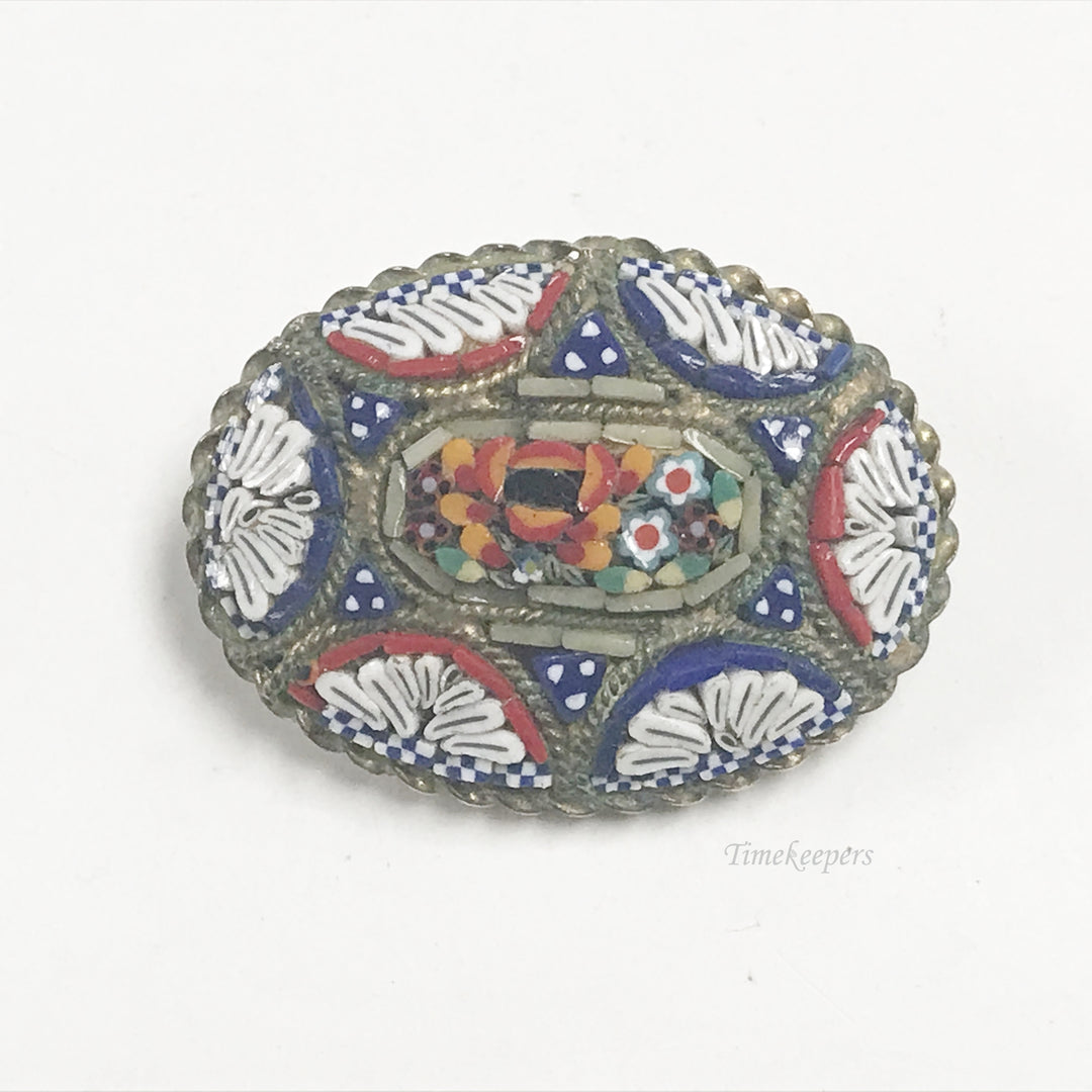 e836 Vintage Italian Mosaic Flower Multi Color Oval Pin Brooch