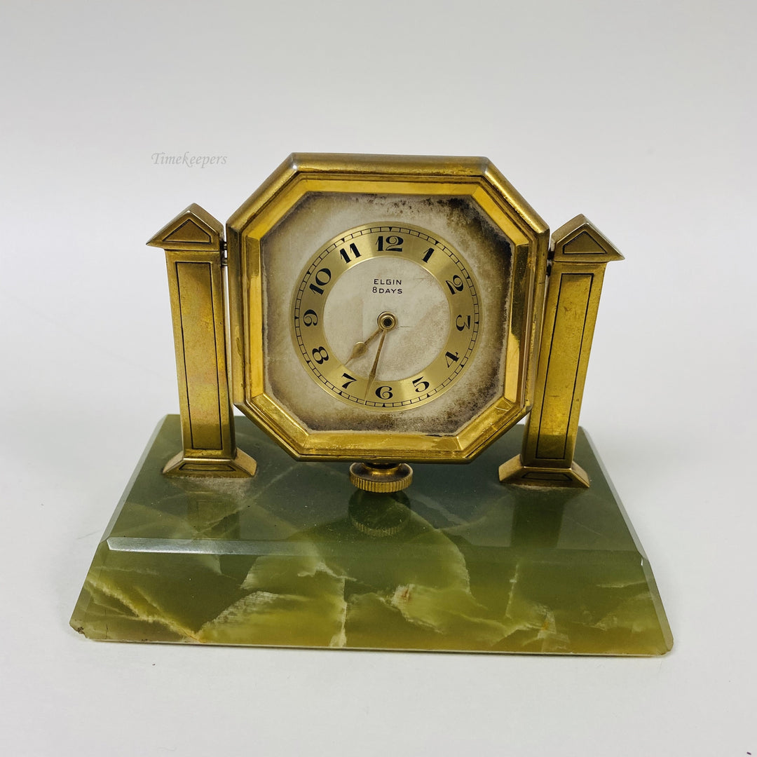 f467 Vintage Elgin 8 Days Mantel Standing Clock Green Jade Base