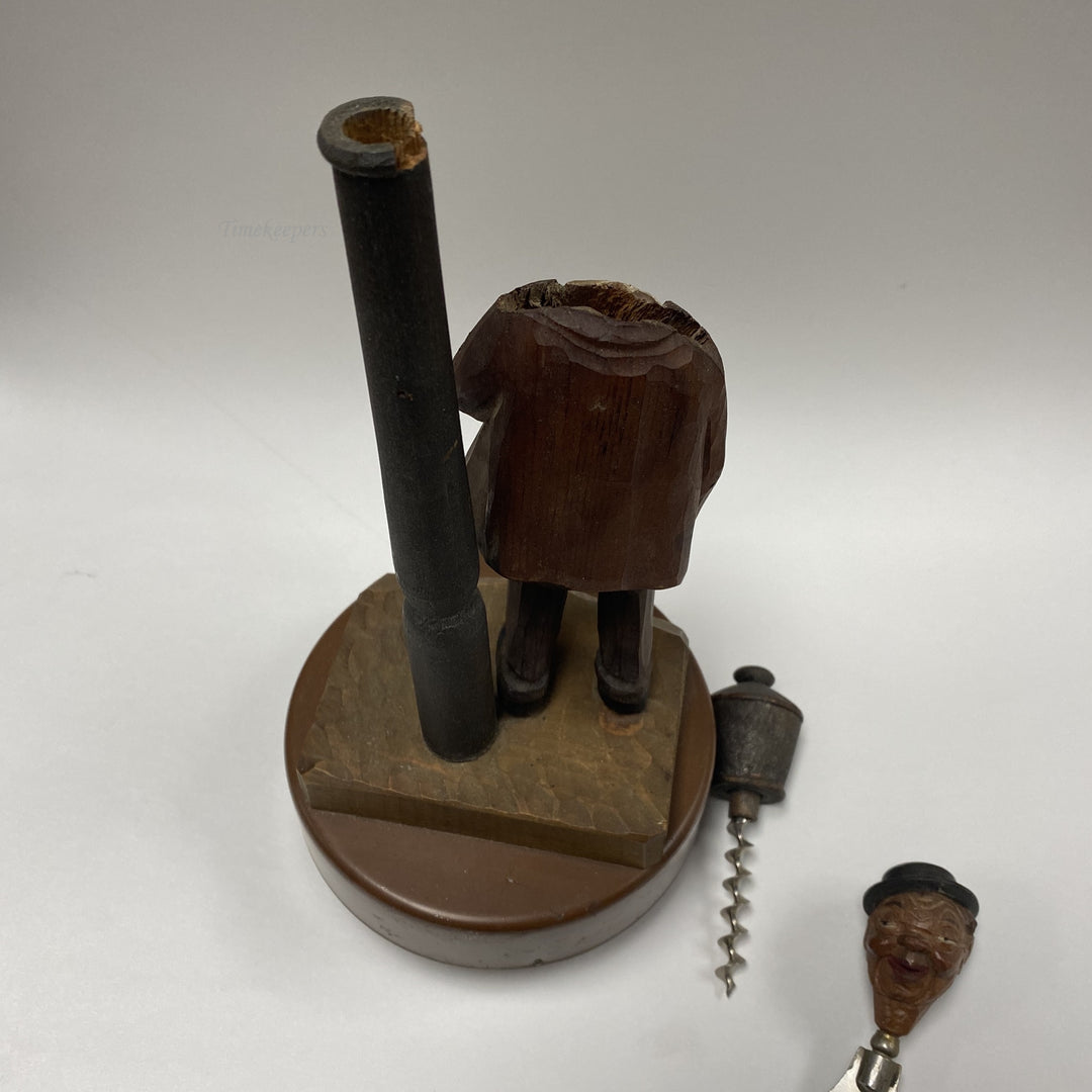 f472 Vintage Hand Carved Wood Turning Music Box Bottle Opener Corkscrew