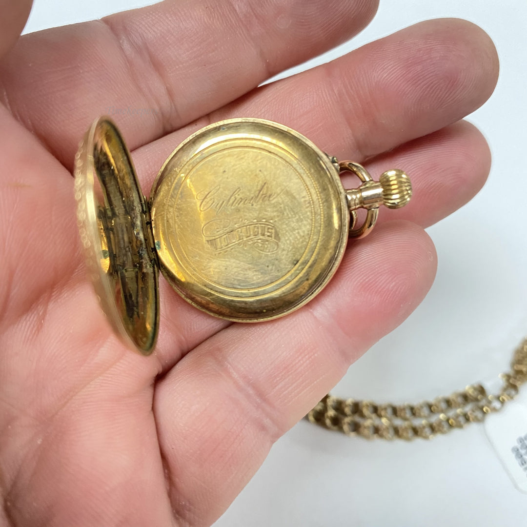 f564 Antique 14K YG Pocket Watch Hand Wind with 9K GF 25" Chain & 9K GF Slide