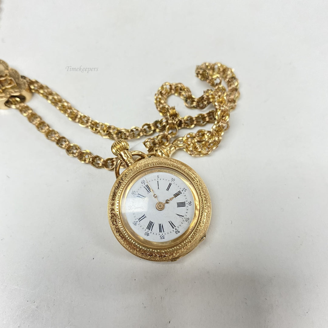 f564 Antique 14K YG Pocket Watch Hand Wind with 9K GF 25" Chain & 9K GF Slide