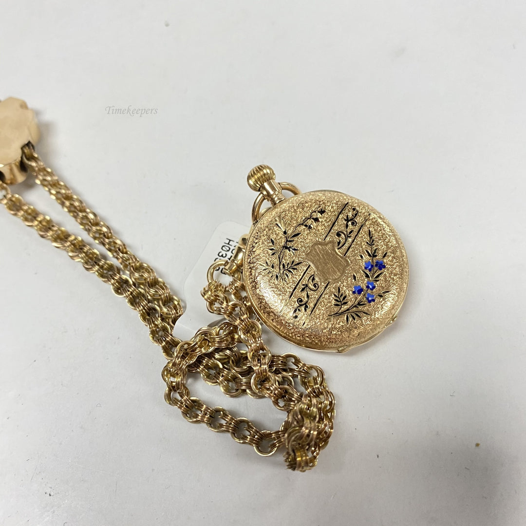 f564 Antique 14K YG Pocket Watch Hand Wind with 9K GF 25" Chain & 9K GF Slide