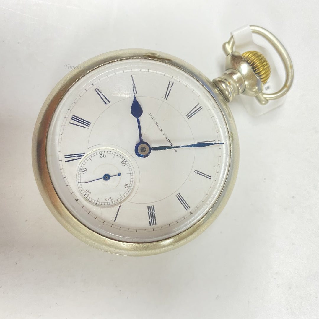 f865 Antique Illinois Watch Co Silver Tone Hand Wind Second Hand Pocket Watch