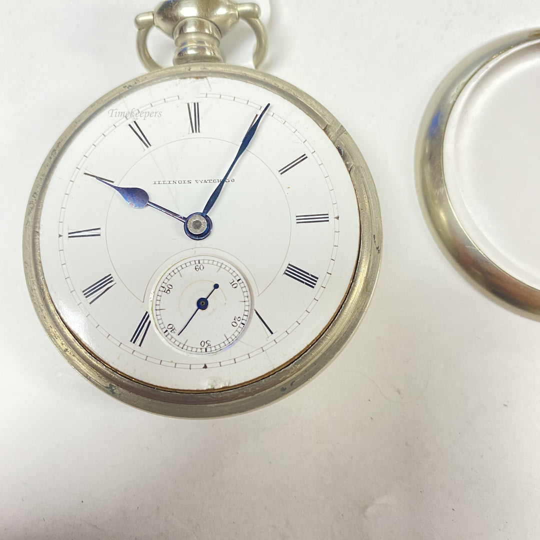 f865 Antique Illinois Watch Co Silver Tone Hand Wind Second Hand Pocket Watch