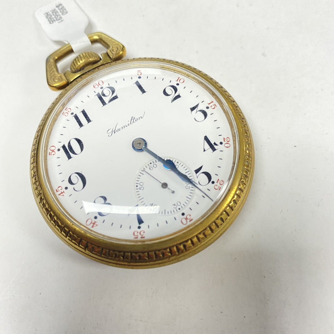 f866 Antique Hamilton Gold Tone Hand Wind Second Hand Pocket Watch 17J