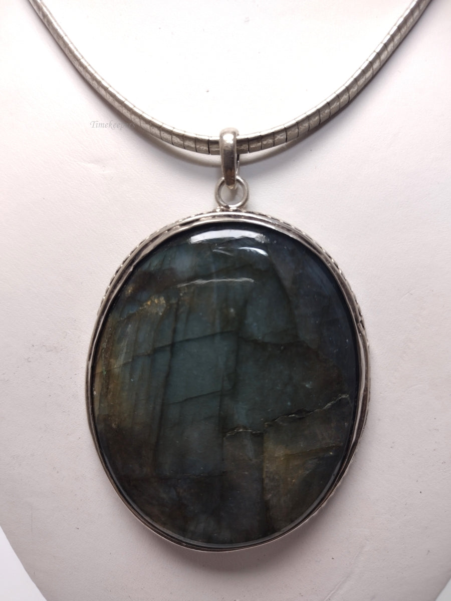 q396 Sterling Silver Omega Necklace with a Large, Lovely Labradorite Pendant