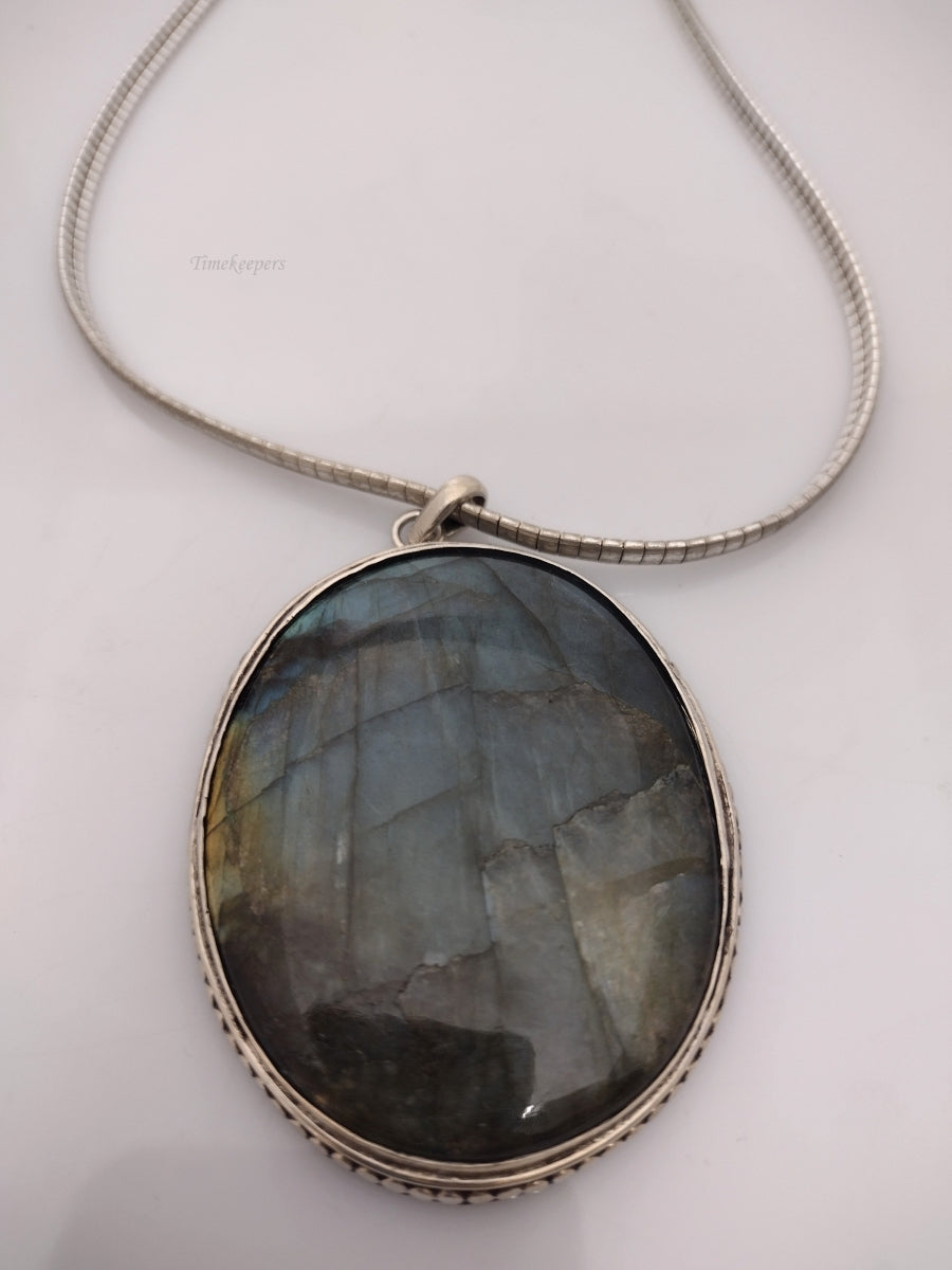 q396 Sterling Silver Omega Necklace with a Large, Lovely Labradorite Pendant