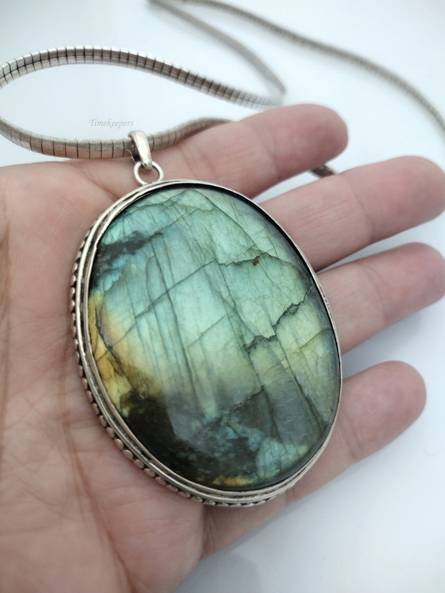 q396 Sterling Silver Omega Necklace with a Large, Lovely Labradorite Pendant