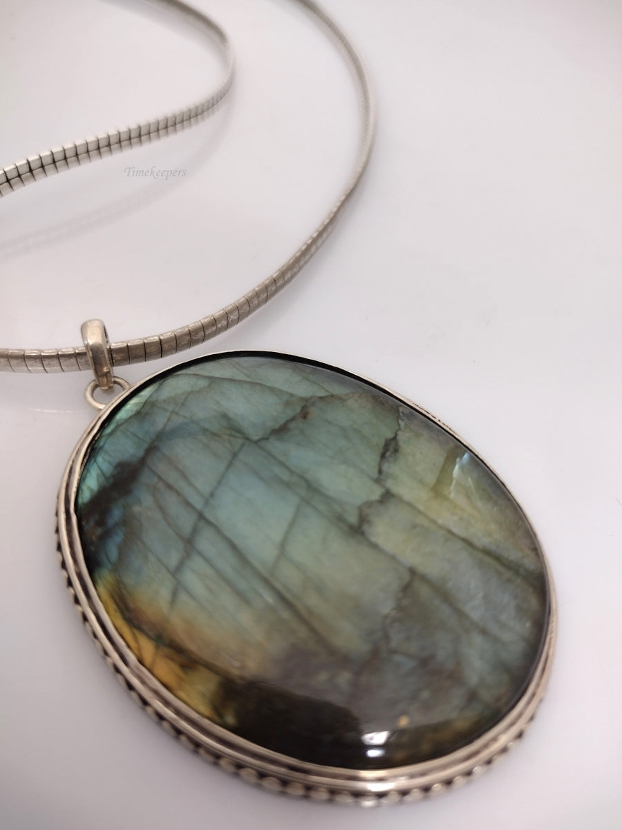 q396 Sterling Silver Omega Necklace with a Large, Lovely Labradorite Pendant