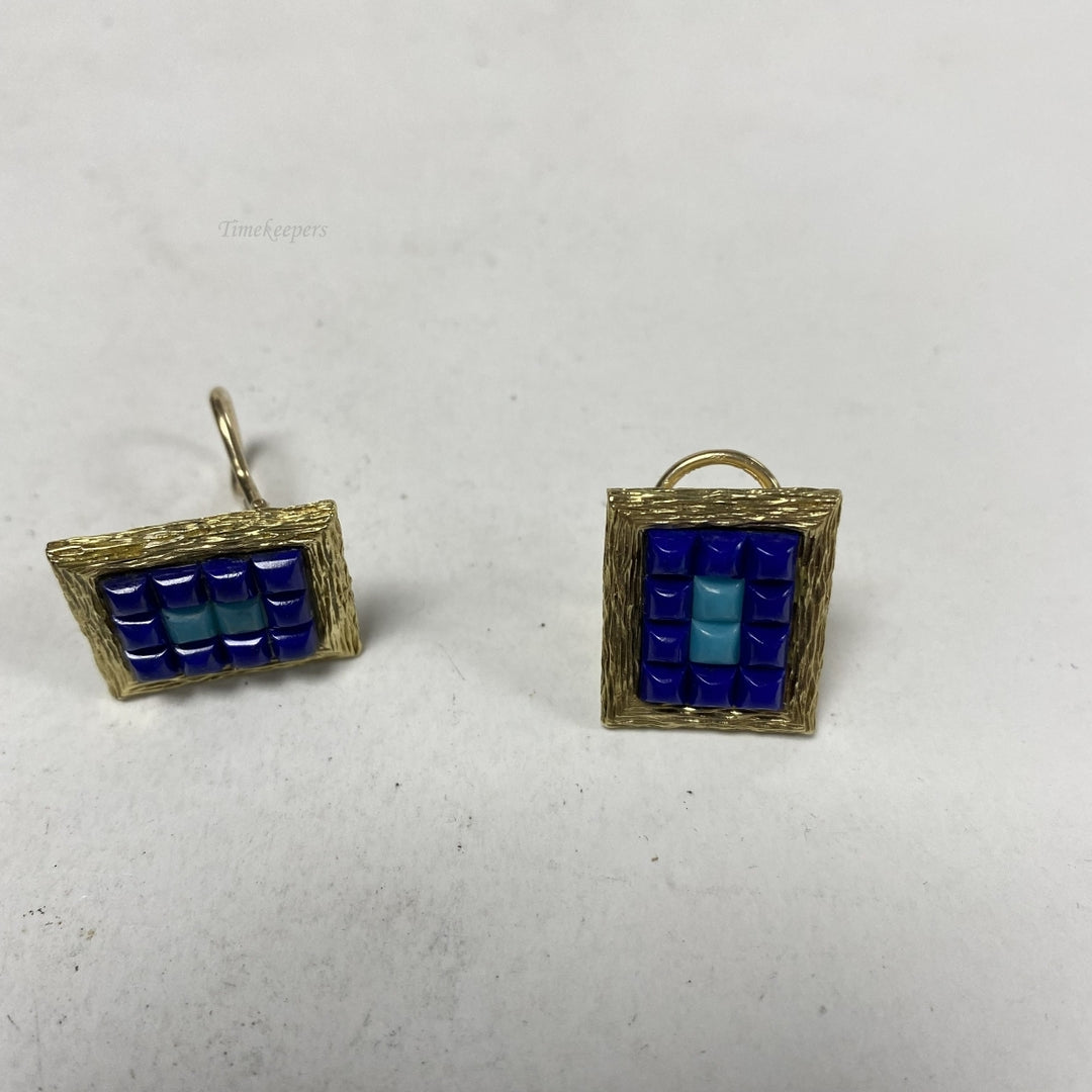 m060 Vintage Elegant 14K Yellow Gold Lapis Turquoise Earrings