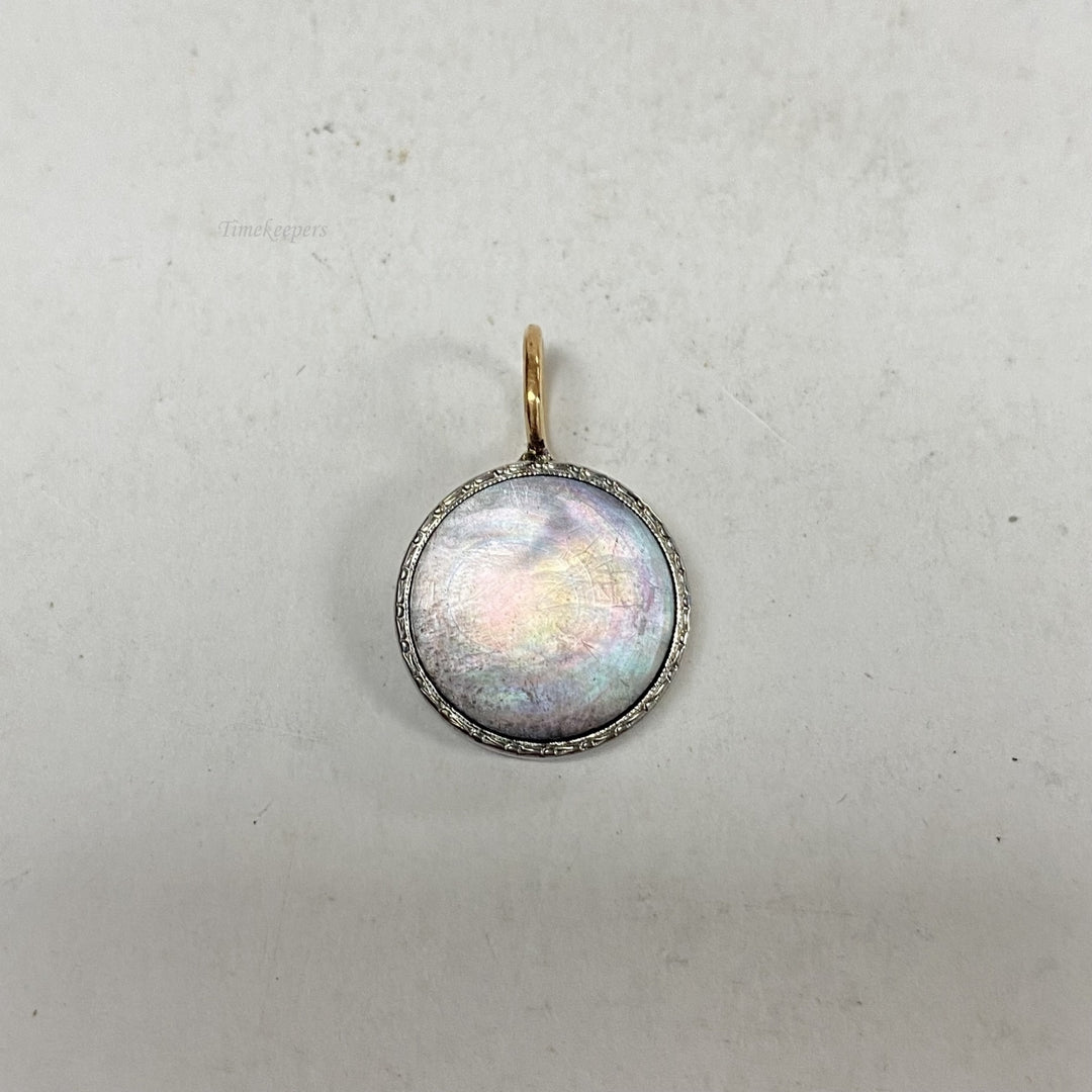 m084 Vintage Sterling Silver Round Dark Mother of Pearl Charm Pendant