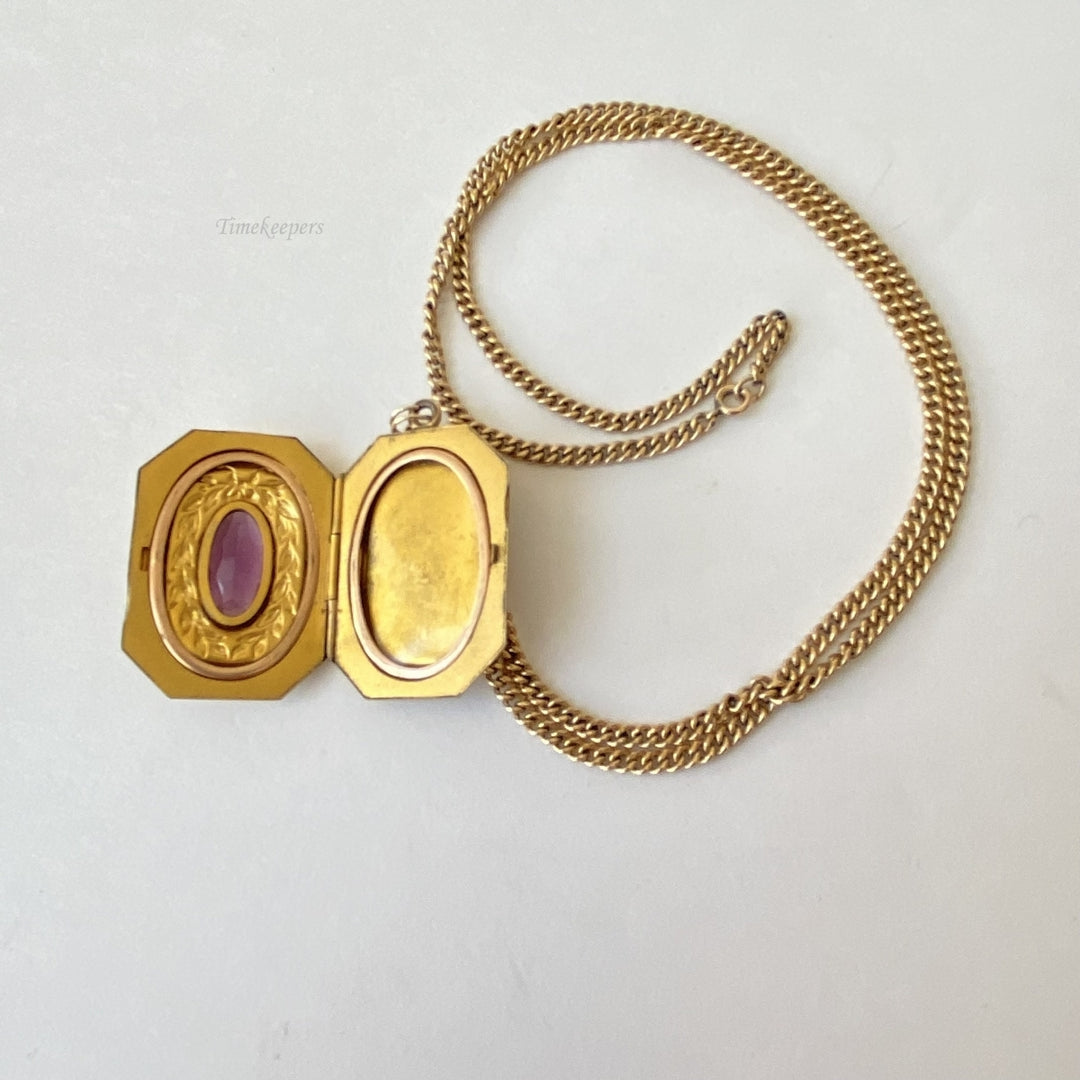 m165 Vintage Gold Filled Link Chain Necklace Purple Stone Locket Pendant 24"