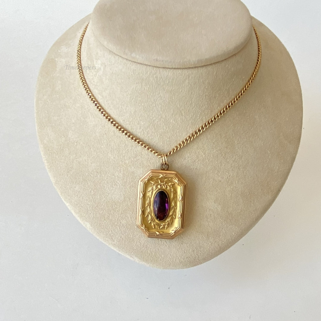 m165 Vintage Gold Filled Link Chain Necklace Purple Stone Locket Pendant 24"