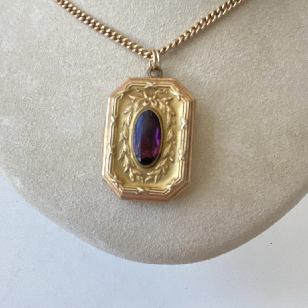 m165 Vintage Gold Filled Link Chain Necklace Purple Stone Locket Pendant 24"