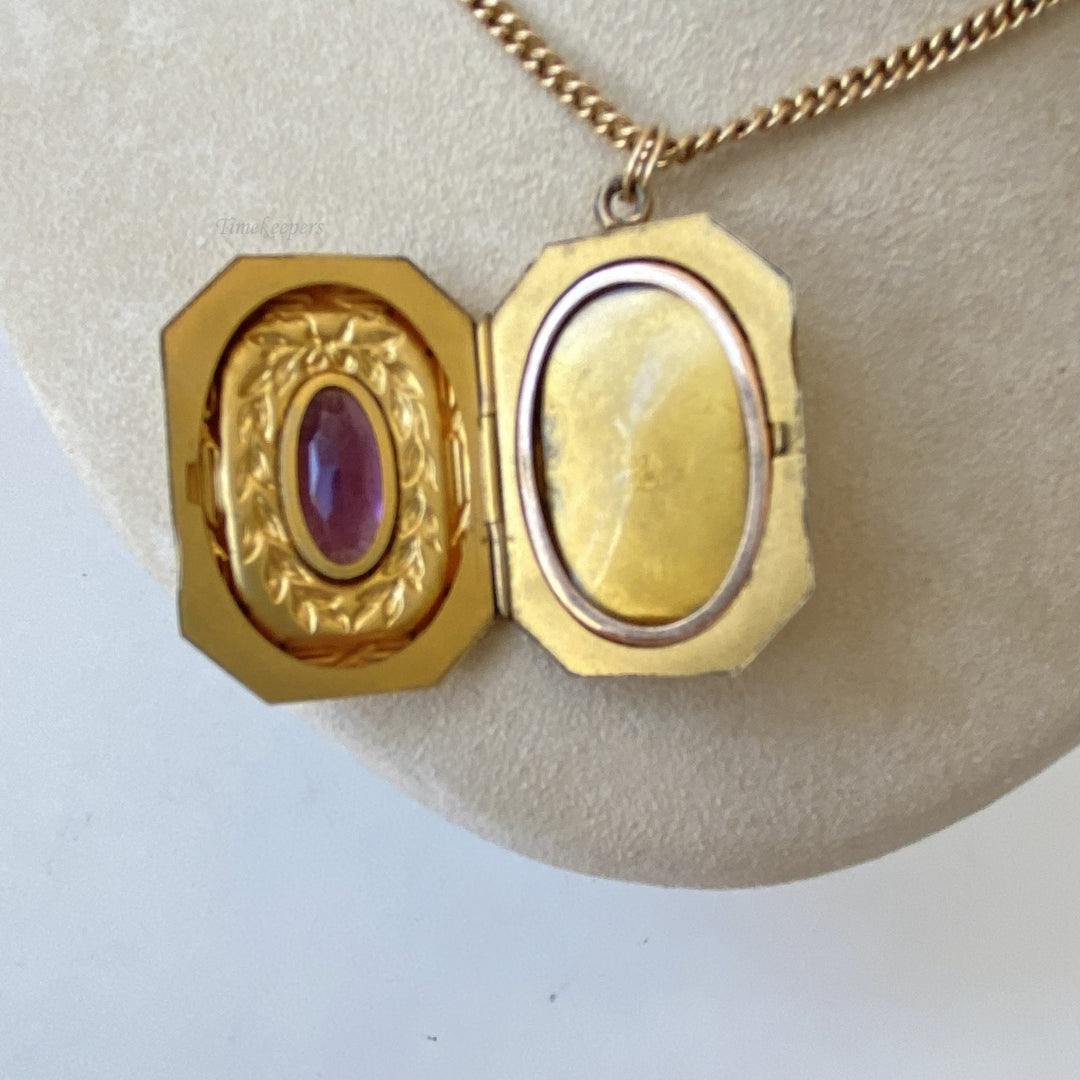 m165 Vintage Gold Filled Link Chain Necklace Purple Stone Locket Pendant 24"