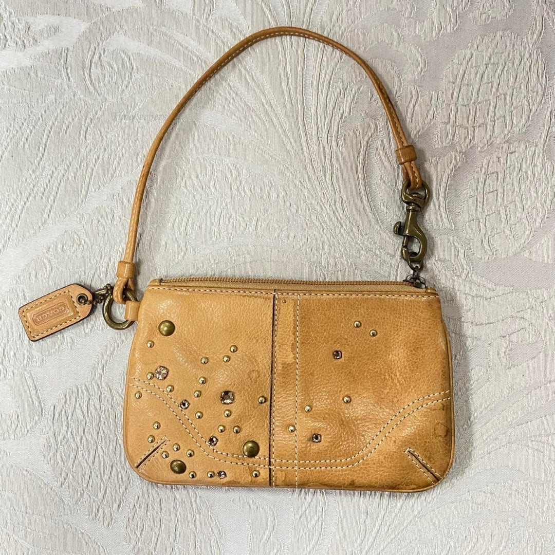 m340 Vintage Coach Light Brown Leather Mini Wristlet Bag Cosmetic Travel Purse