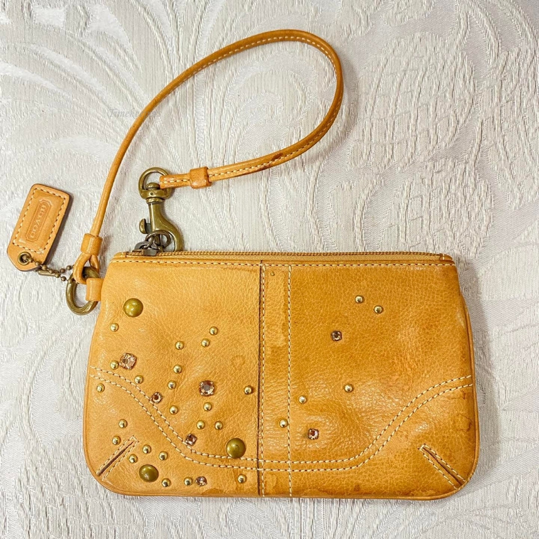 m340 Vintage Coach Light Brown Leather Mini Wristlet Bag Cosmetic Travel Purse