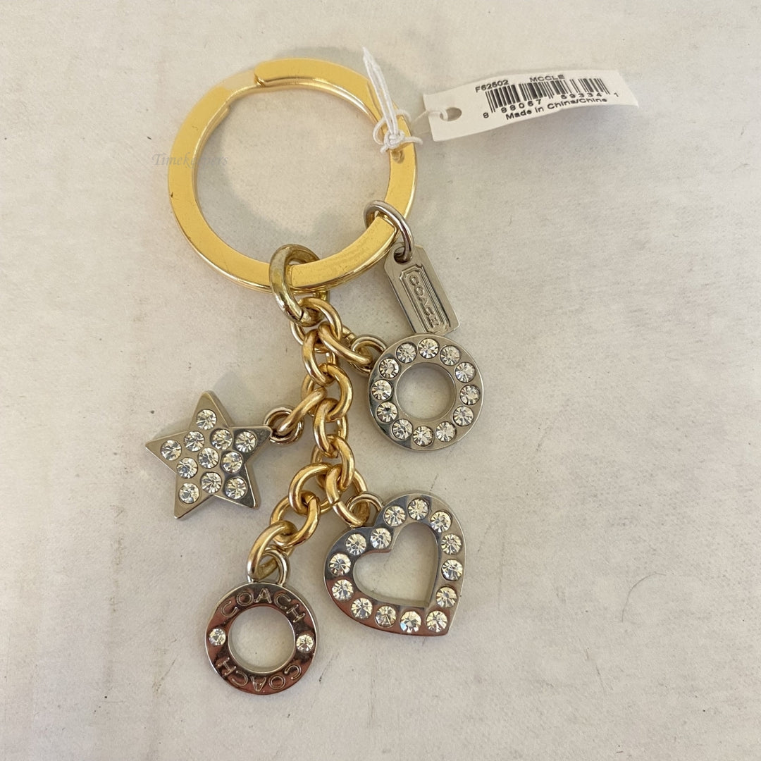 m368 NWT Coach Vintage Open Heart Key Fob Key Ring 62602 Gold Silver Rhinestones