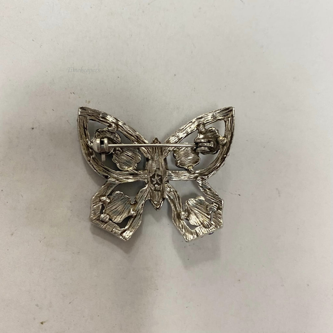m650 Vintage Silver Tone Blue Crystals Butterfly Brooch Pin