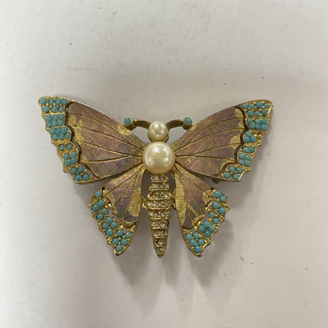 m651 Vintage Gold Tone Blue Butterfly Brooch Pin