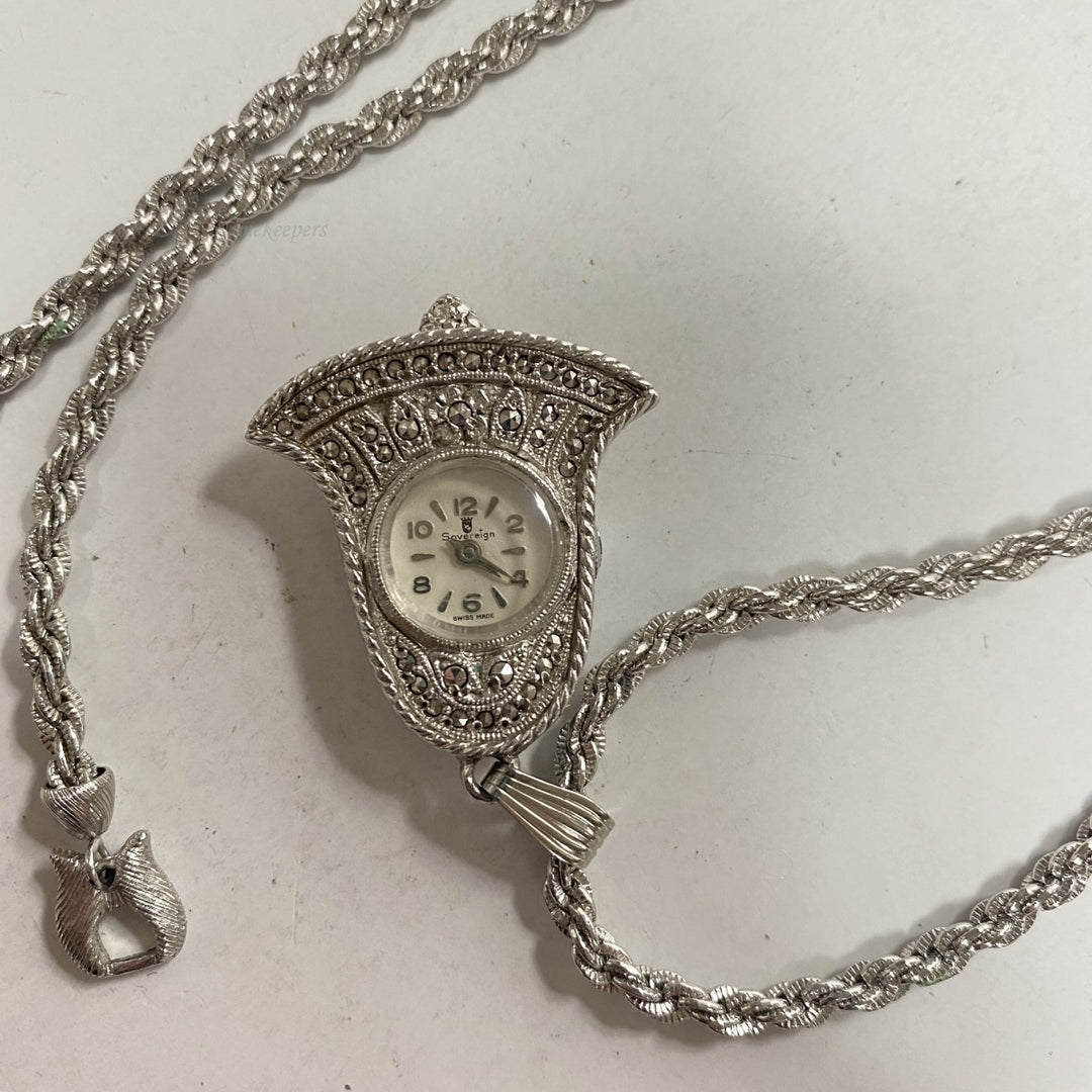 m671 Vintage Sovereign Swiss Made Silver Tone Pendant Watch on 26" Long Necklace