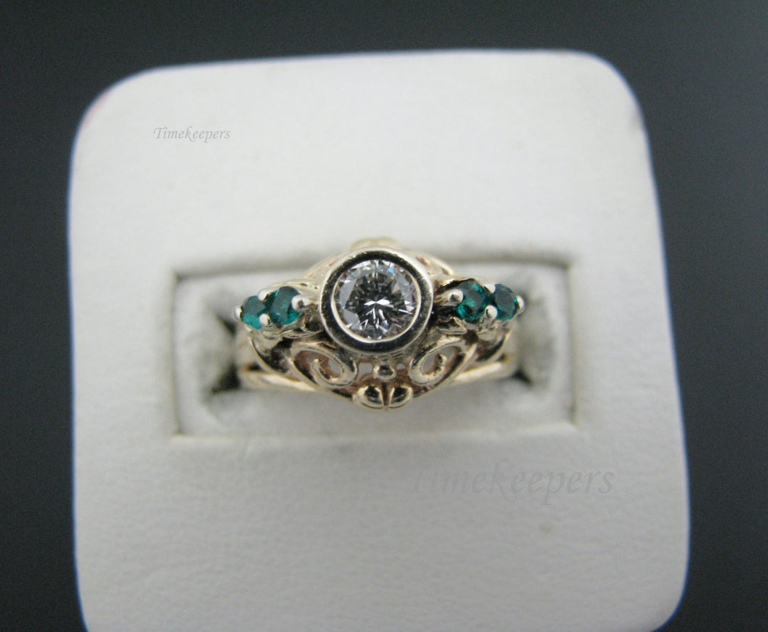 a803 Gorgeous Vintage Diamond Green Stone Ring 4k Yellow Gold Filigree Size 5.5