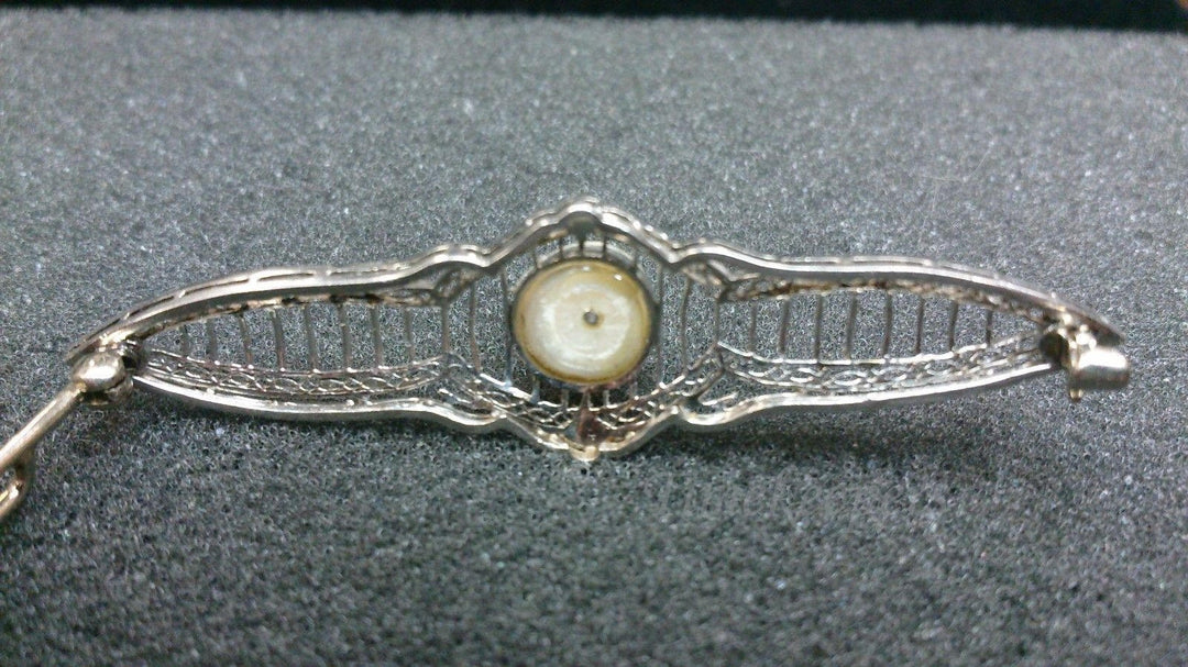 b109 Spectacular Art Deco 10k White Gold Filigree Pin / Brooch with Pearl