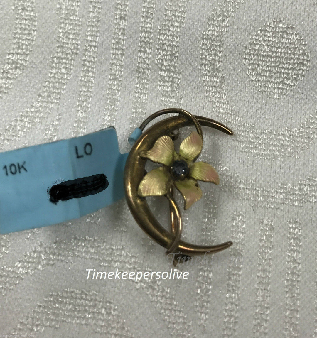 a639 Cute 10k Yellow Gold Floral Crescent Brooch Pin Blue Stone Collectible