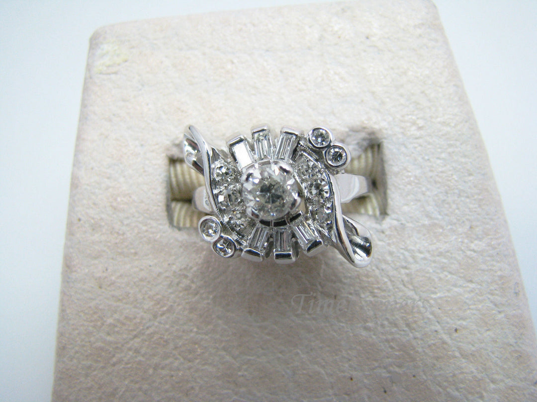 a517 Beautiful Diamond Cluster Ring Round Cut &amp; Baguettes 14k White Gold Sz 4.75