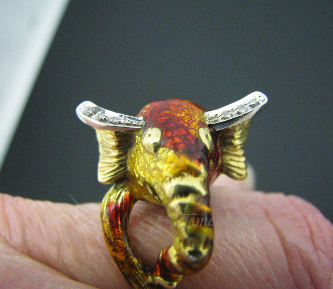 j153 Unique and Fun Elephant Head Ring in 18k Yellow Gold with Enamel Finish