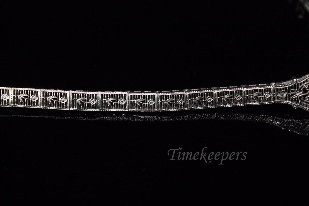 a180 Vintage 1920's Diamond Bracelet in 14K White Gold with Flowers down the Band