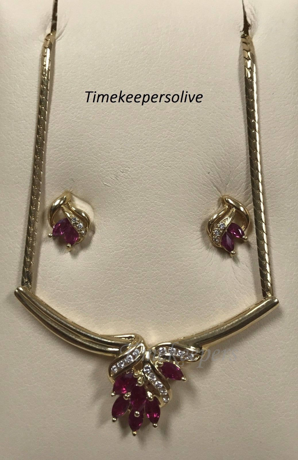 a1041 Elegant Vintage 14K Gold Rose Ruby Diamonds Earrings & 16" Snake Necklace Set