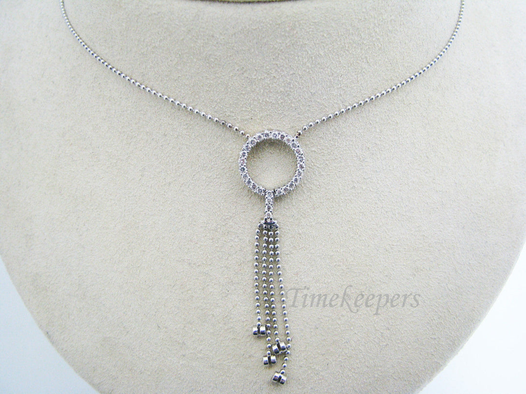 a397 Dazzling Circle Diamonds Pendant & Ends Tassels 14k White Gold Necklace