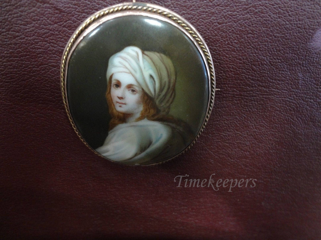 c382 Vintage Painted Portrait on Porcelain 10K Gold