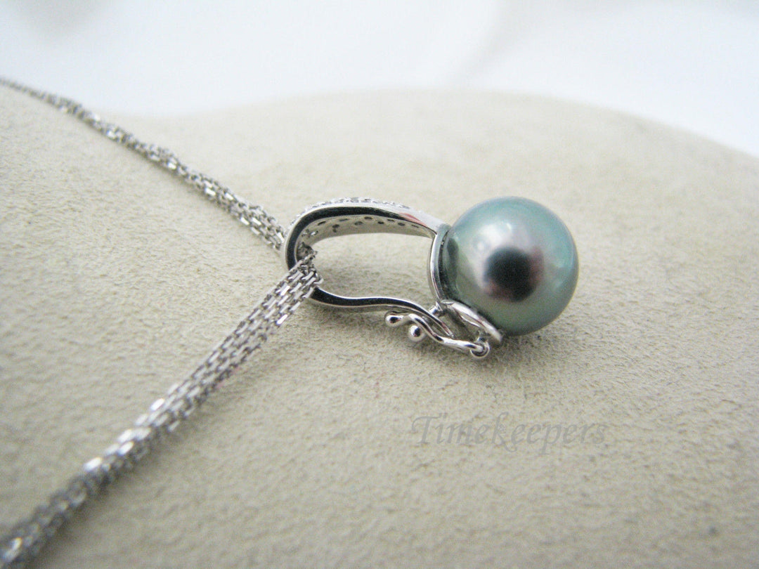 a375 Vintage Alluring Tahitian Pearl Pave Diamond Bail Pendant on 14k WG Chain