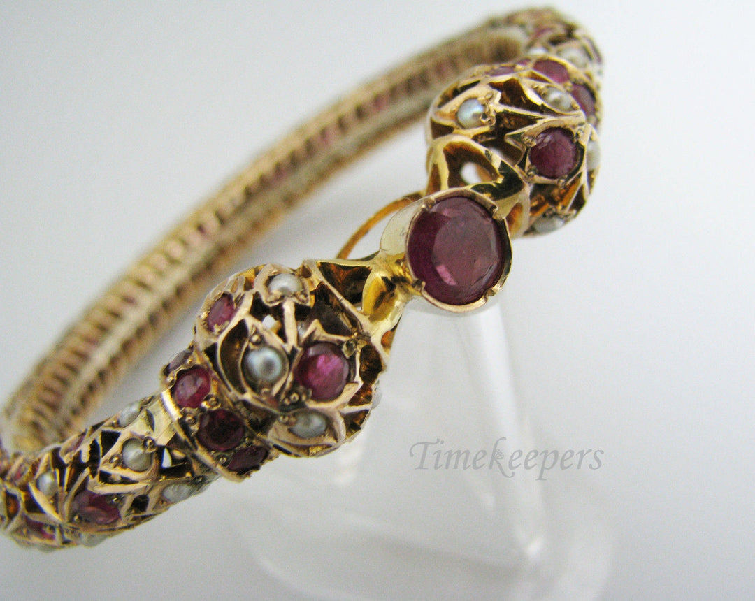 c404 Gorgeous Vintage Hinged Bangle in 14k Yellow Gold Studded with Rubies and Pearls