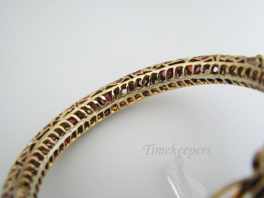 c404 Gorgeous Vintage Hinged Bangle in 14k Yellow Gold Studded with Rubies and Pearls