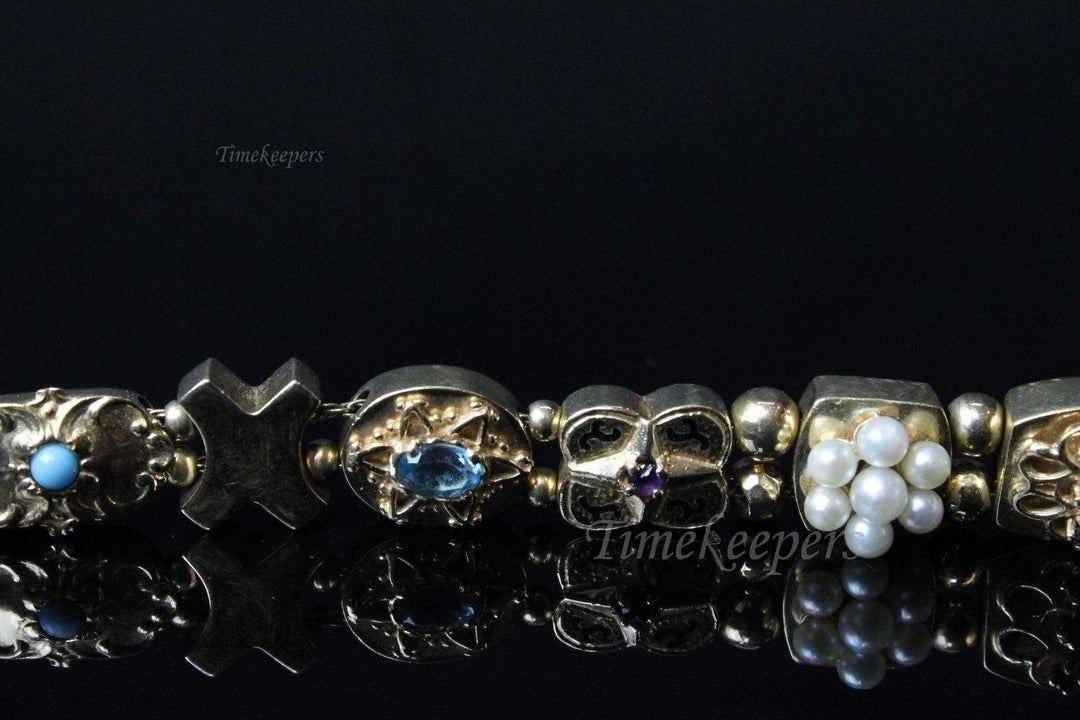 a556 Elegant Vintage 14k Yellow Gold Slide Pearls Stones 12 Charm Bracelet