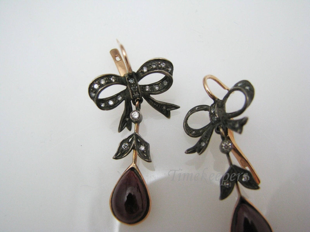 c391 Victorian Earrings with Diamonds and Garnets in Silver and 14kt Gold