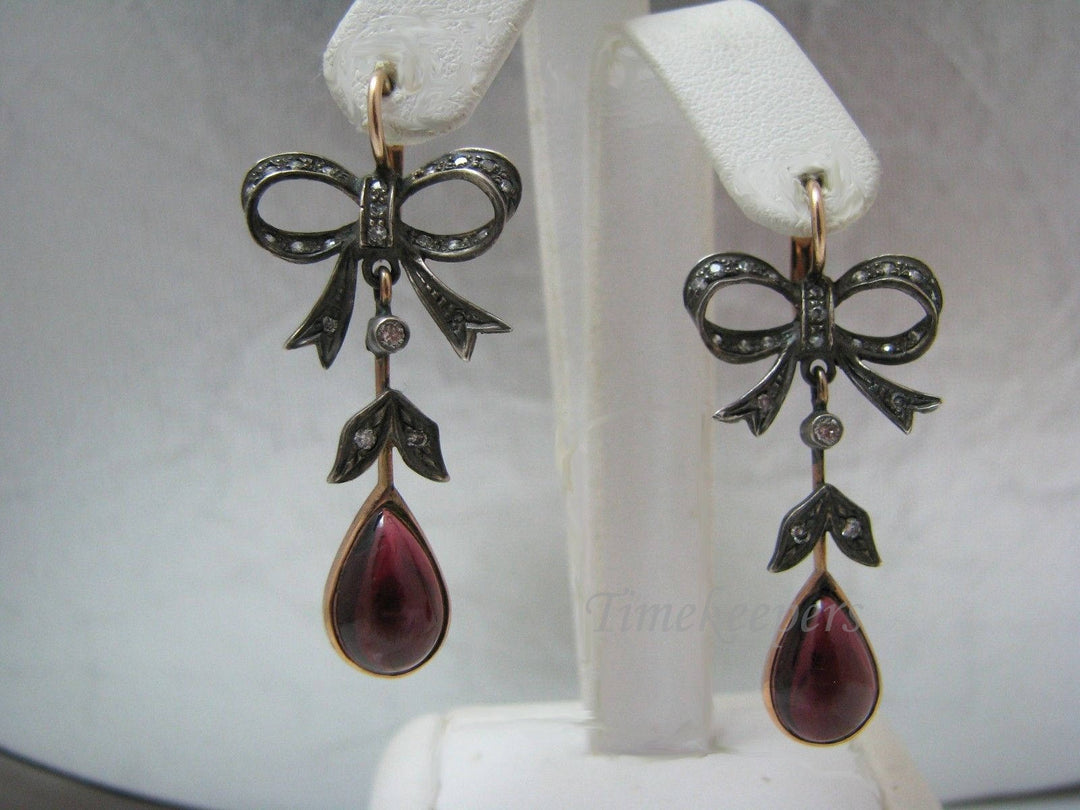 c391 Victorian Earrings with Diamonds and Garnets in Silver and 14kt Gold