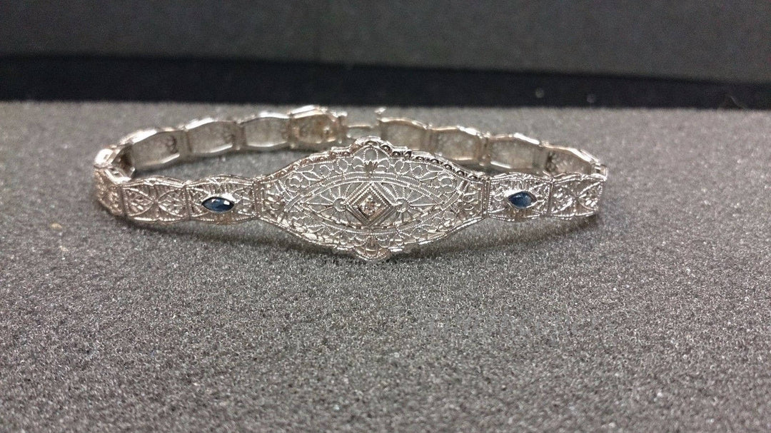 a179 Vintage 1920s Filigree Bracelet with Sapphire and Diamond 14K White Gold
