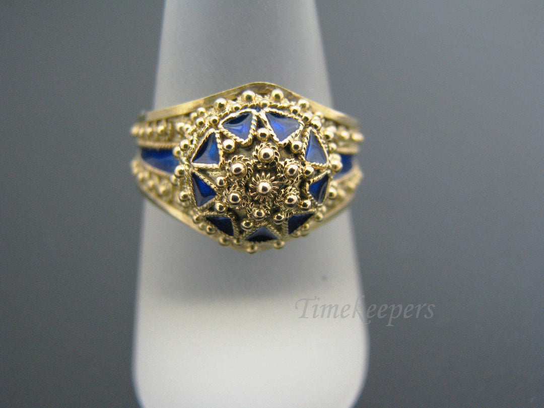 c643 Unique and Regal Domed 21k Yellow Gold and Blue Enamel Ring