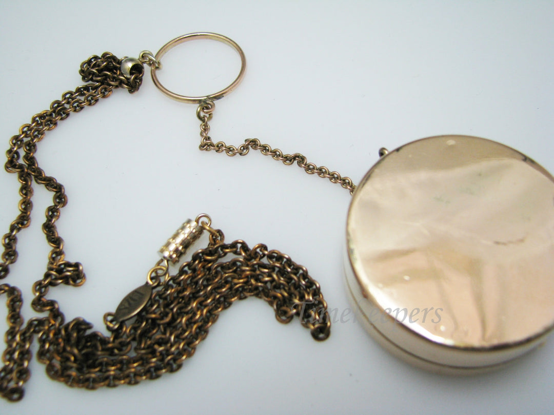 c321 Beautiful Gold filled Chatelain Pill Box on a 22" Chain
